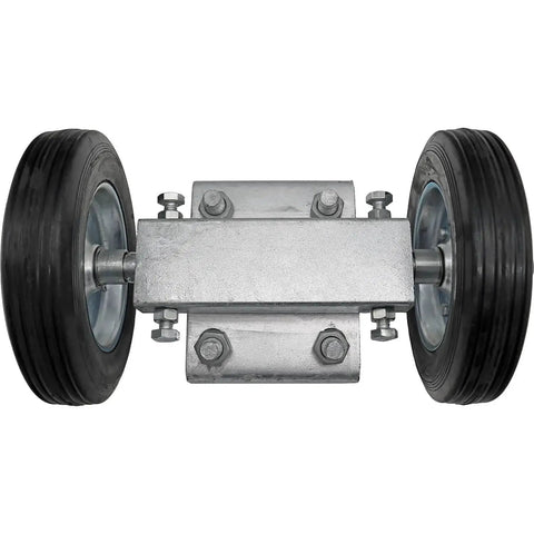 Rolling Gate Wheel Carrier 6 Inch For Chain Link Fences And Sliding Gates With 2 Hard Rubber Wheels Adjustable Carrier For Straight Gate Run Solid Axle And Ridged Carrier Frame Galvanized Steel Bracket Residential Gate Parts 7 Inch Wheel To Wheel Span