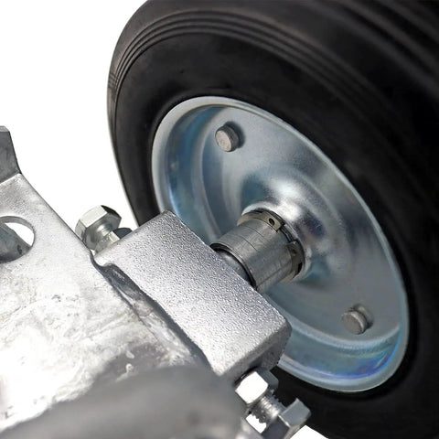 Close-up of Rolling Gate Wheel Carrier 6 Inch For Chain Link Fences And Sliding Gates With 2 Hard Rubber Wheels Adjustable Carrier.