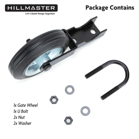 Heavy Duty Gate Wheel Caster Kit For Chain Link Fence Swing Gates Fits One And Five Eighths To Two Inch Gate Frames With Rubber Tire Wheel And Solid Steel Plate Black Powder Coat Finish For Outdoor Use showing gate wheel, U bolt, nuts, and washers.