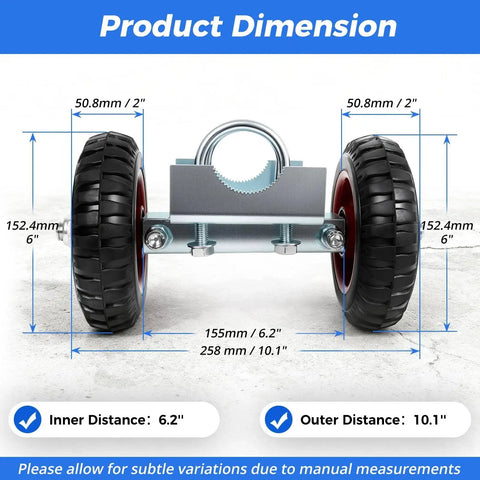 Heavy Duty Gate Wheel Set With Rubber Carriers And Adjustable Double U Bolts For Driveway Fences, front view dimensions