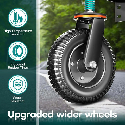 Heavy duty gate wheel anti sag support with 6 inch spring loaded gate caster, dual mount design showing upgraded wider rubber wheels.