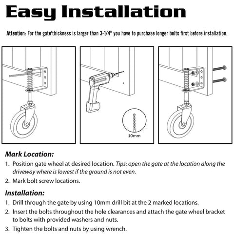Illustration showing installation of 4 Inch Heavy Duty Gate Wheel With Spring Loaded Caster For Uneven Ground Outdoor Gate Helper