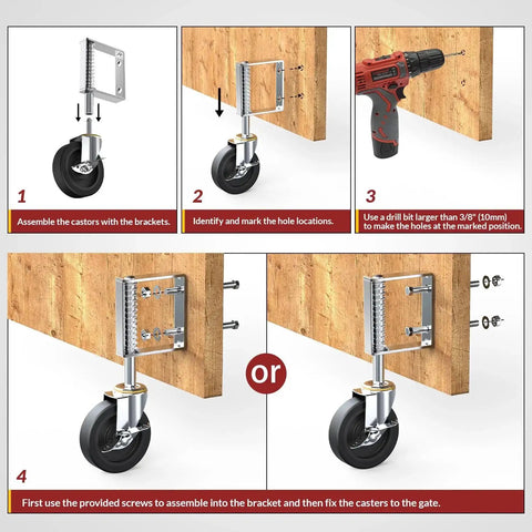 Installation steps of gate wheels with side brake and zinc plated brackets for farm yard gates and barn doors.