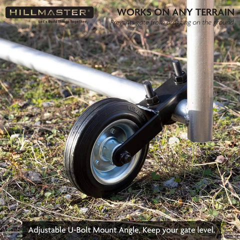 Heavy Duty Gate Wheel Caster Kit For Chain Link Fence Swing Gates Fits One And Five Eighths To Two Inch Gate Frames With Rubber Tire Wheel And Solid Steel Plate Black Powder Coat Finish For Outdoor Use installed on metal gate.