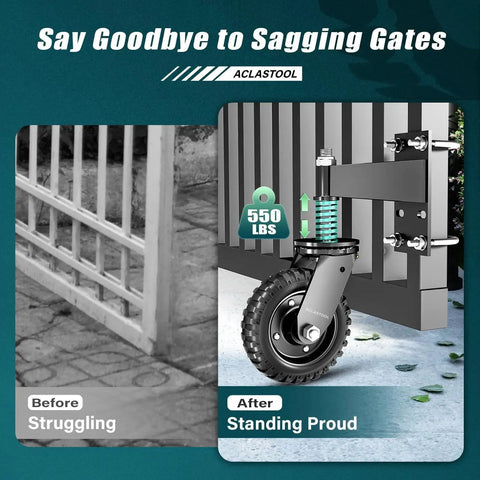 Heavy Duty Gate Wheel With 6 Inch Wheel Diameter, Spring Loaded Caster For Metal Tube And Large Wooden Gates, 550 Lb Capacity, Black