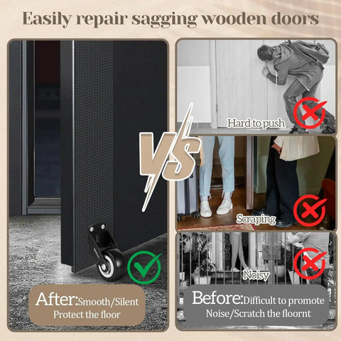 Comparison image showing 4 Pack 2 Inch Gate Wheel Set for Door Bottom Support installed versus sagging door before installation.