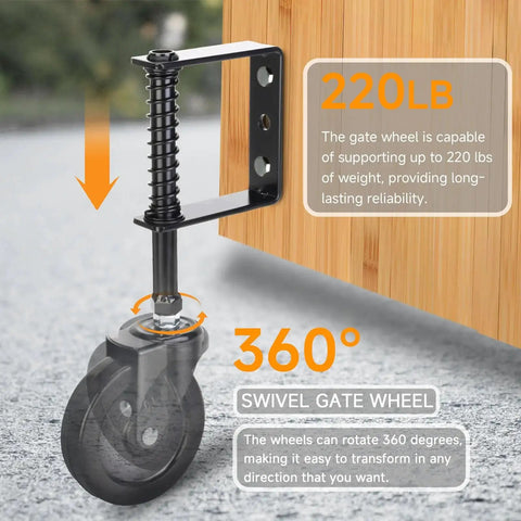 4 Inch Heavy Duty Gate Wheel With Spring Loaded Caster For Uneven Ground Outdoor Gate Helper For Wooden And PVC Fences 360 Degree Swivel Gate Caster Kit 220 Lbs Capacity 2 Pack For Farm Use