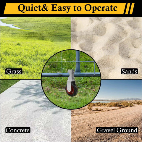 6 Inch Gate Wheel Set For Farm Gates, 2 Pack Gate Support Wheels installed on grass, sand, concrete, and gravel surfaces.