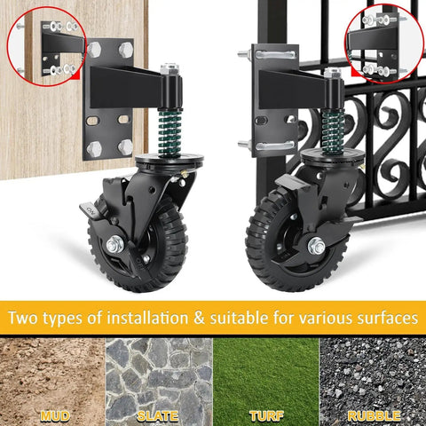 Two Pack 6 Inch Fence Gate Wheels With Brake For Metal Or Wood Gates Heavy Duty Gate Casters Sliding Hardware 500 Pound