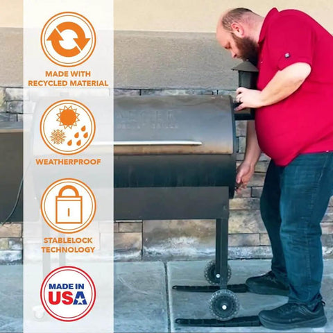 Man adjusting Gator Tail Leveling Shims For Grills And Smokers That Actually Work Stablelock Tech Plastic Wedges under a grill