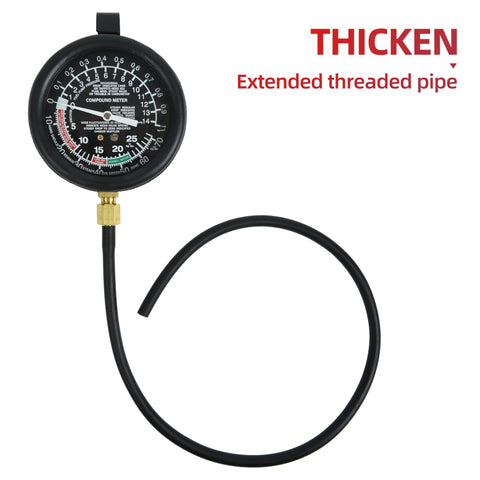 Automotive fuel pressure and vacuum gauge for carburetor testing; black dial, brass adapter, and attached hose.
