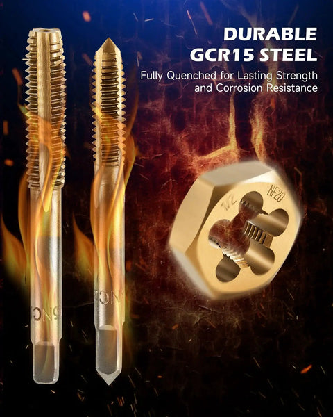 All In One 87 Piece Tap And Die Set showing GCR15 steel taps and die with text highlighting durability and corrosion resistance