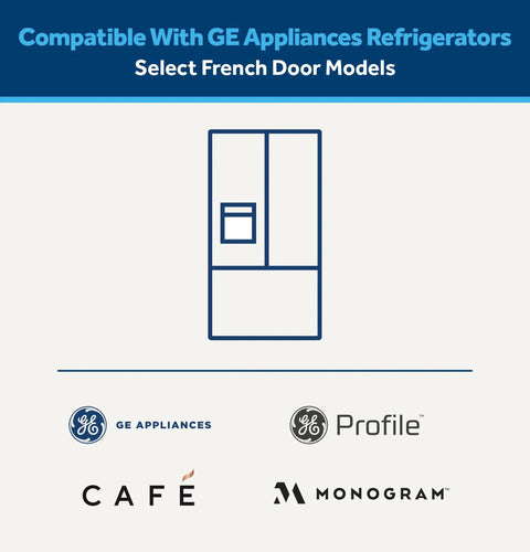 Compatibility diagram for RPWFE Replacement Water Filter For Refrigerator Reducing Lead, Microplastics, PFOA And PFOS, showing compatible GE French-door models.
