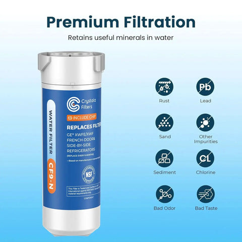 GE XWFE replacement water filter with chip, showing premium filtration, reducing rust, lead, chlorine, and bad odor on blue background.
