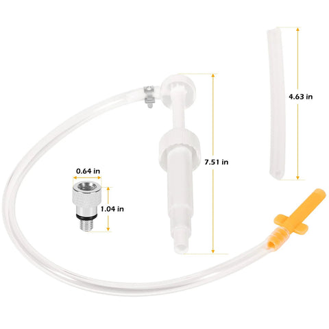 Lower Unit Gear Lube Fill Pump Set with Metric Adapter for Used with 32 oz Quart Bottles, Compatible with All Mercury Mariner Outboards Sterndrive Outdrives Lower Units, shown with components and dimensions