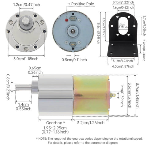 Dimensions and components of Gear Motor 0.24 in x 0.55 in Shaft Size 1-Pack 12V Motor 100Rpm for rotary and power systems.