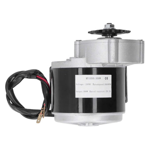 Side view of a Gear Motor 1-Pack Brushed Speed Reduction Motor with strong housing and wiring for rotary equipment in agricultural systems.