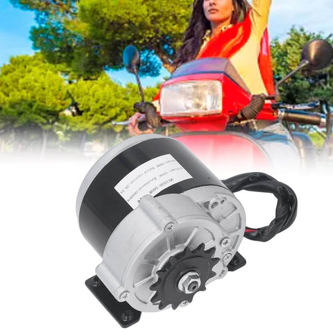 Gear Motor 1-Pack Brushed Speed Reduction Motor for rotary equipment in front of a motorcycle and trees background