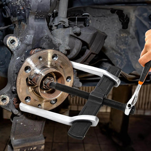 2 Jaw Gear Puller, 10 Inch Two Claw Gear Puller Tool in use on metallic machinery for bearing removal, adjustable steel construction