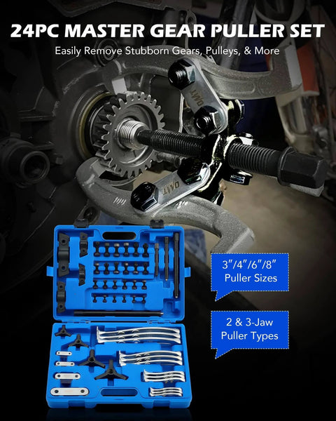 Gear Puller Set, 3" 4" 6" 8" Bearing Puller Kit, 24pc 2 Jaw & 3 Jaw Gear Puller in use on machinery with storage case