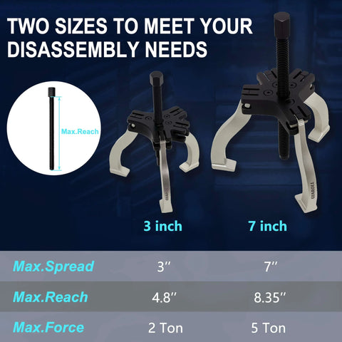 3" and 7" Gear Puller Set with 3 Jaw Gear Bearing Flywheel Pulley Removal Tool, sizes labeled, showing max spread, reach, and force.