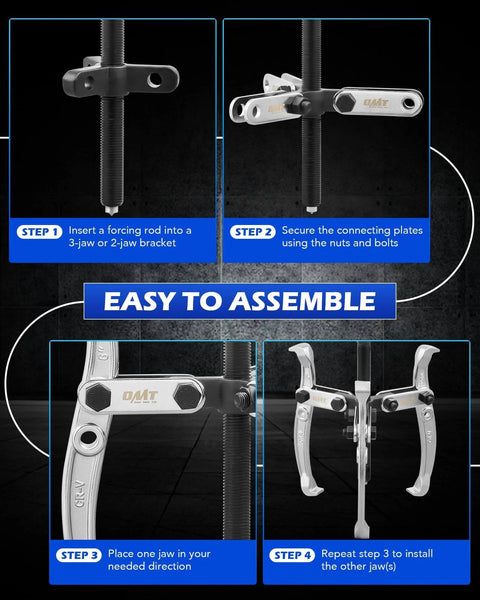 Assembly steps for Gear Puller Set, 3" 4" 6" 8" Bearing Puller Kit, 24pc 2 Jaw & 3 Jaw Gear Puller with Reversible Jaws.
