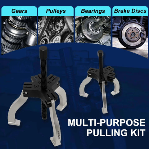 Gear Puller Set, 3" and 7" Puller Kit, 3 Jaw Gear Bearing Flywheel Pulley Removal Tool shown with gears and pulleys background