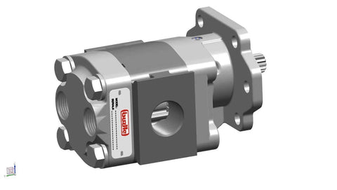 Buzile Gear Pump Motor BGM20A846QUYL20-25 Replacement P21A646QUYL20-25 hydraulic pump, side view with visible ports and label.
