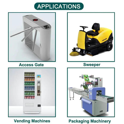 Applications of the 12V DC Geared Motor With 37mm Diameter Gearbox And Mounting Bracket in access gates, sweepers, vending machines, and packaging machinery.