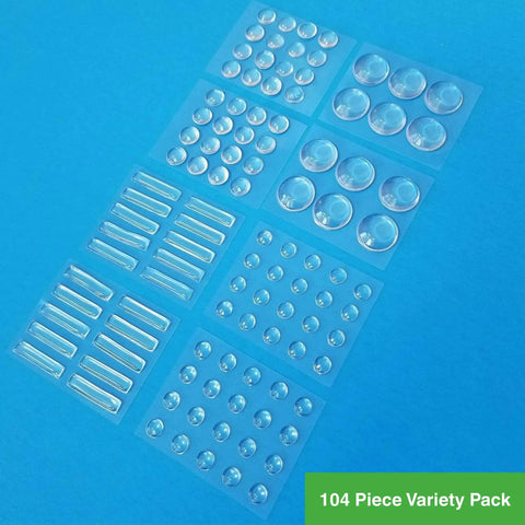 Ultra Quiet Gel Bumpers 104 Piece Variety Pack With Multi Compound Polyurethane Skin And Gel Core, displayed on blue background