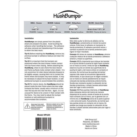 Back packaging of Ultra Quiet Gel Bumpers 104 Piece Variety Pack with installation instructions and sizes.