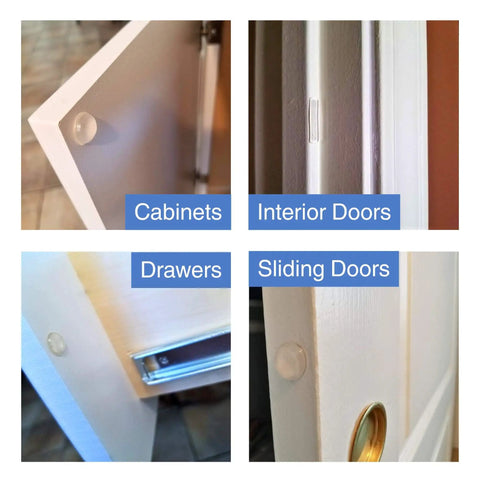 Ultra Quiet Gel Bumpers 104 Piece Variety Pack With Multi Compound Polyurethane Skin And Gel Core visible in use on cabinets, interior doors, drawers, and sliding doors for noise dampening.