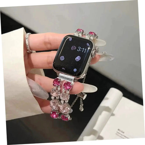 Apple Watch with pink crystal band on hand, using 10 Pack Watch Strap Connecting Adapters For Smartwatch Alloy Durable Silver Connection Compatible With Apple Watch Bands Effortless Installation Easy To Attach And Detach For Seamless Band Swaps And Wide Style Options