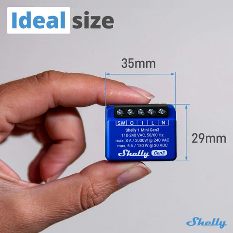 Person holding Gen 3 1 Channel WiFi Matter Smart Relay Switch With Dry Contacts 8A 240V showing dimensions.
