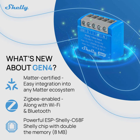 Gen4 1 Mini Smart Relay Switch With Wi Fi Zigbee And Matter Support, blue cube design, ideal for home automation and control.