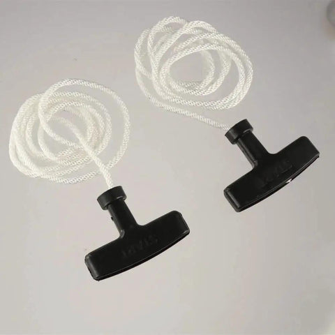 Two pieces from the Three Piece Universal Generator Starter Handle Pull Rope Set without cover, featuring durable plastic handles and white polyester ropes.