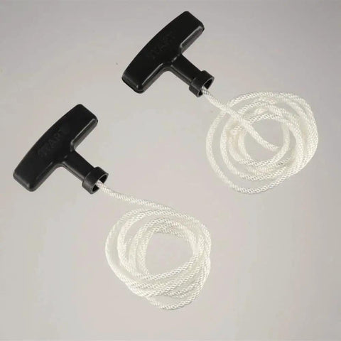 Three Piece Universal Generator Starter Handle Pull Rope Set Without Cover Durable Plastic And Polyester Construction For Easy Replacement On Lawn Mowers And Small Engines Includes Durable Starter Cord For Reliable Engine Starts, showing two handles with cords on a gray background.