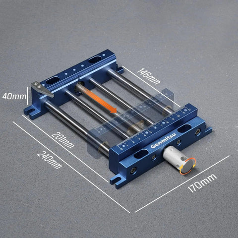 Beefy Aluminum Bench Vise Clamp For Precision CNC Router and Milling with four columns and two clamps, dimensions shown.