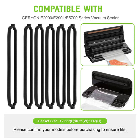Six black gasket strips for Geryon vacuum sealer models E2900/E2901/E5700, 12.66in long