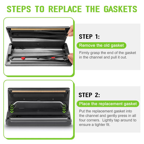 Vacuum sealer gasket replacement kit; black vacuum sealer shown with gasket parts and green step-by-step instructions.