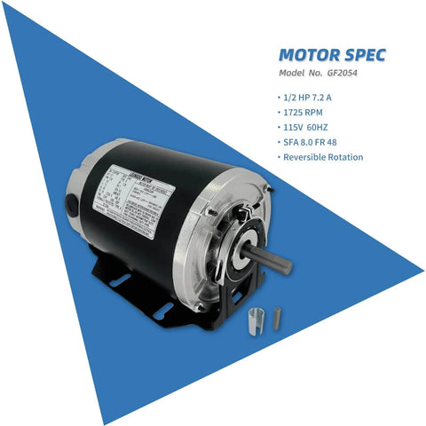 GF2054 Blower Motor 1/2 HP 115 Volt 60Hz 1725RPM 48 Frame Compatible with AO Smith, Packard 45012, Emerson 8200 shown