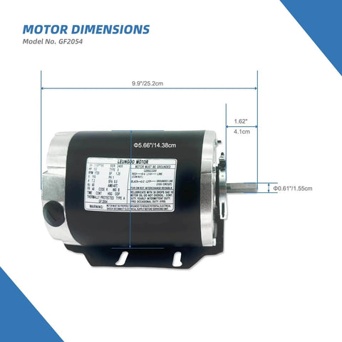 GF2054 Blower Motor 1/2 HP 115 Volt 60Hz 1725RPM 48 Frame with dimensions shown, compatible with AO Smith, Packard 45012, Emerson 8200