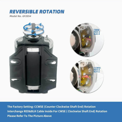 GF2054 Blower Motor 1/2 HP 115 Volt 60Hz 1725RPM 48 Frame Compatible with AO Smith, Packard 45012, showing reversible rotation