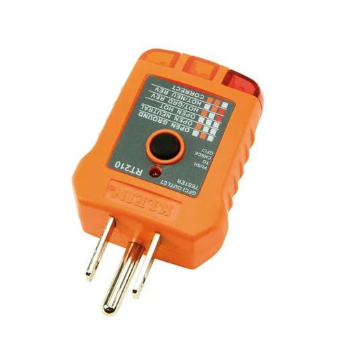 Close-up of GFCI Receptacle Tester from Infrared Thermometer and GFCI Receptacle Tester Kit, showing plug and test indicators.