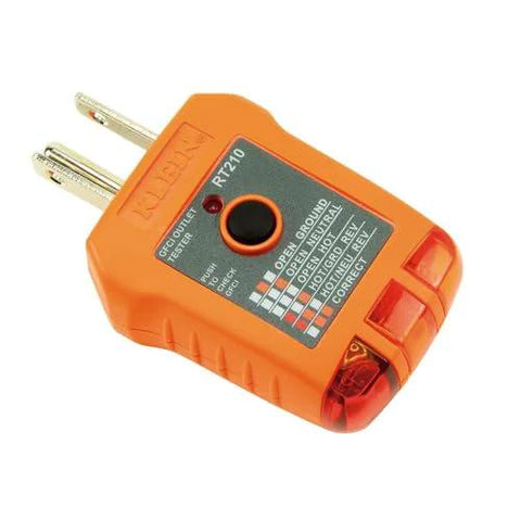 Infrared Thermometer and GFCI Receptacle Tester Kit, orange GFCI electrical tester with labeled indicator lights