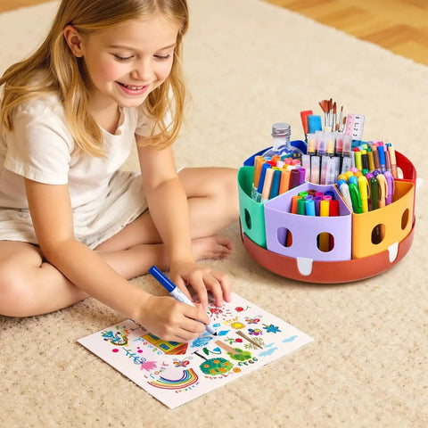 Child using Rotating Art Supplies Organizer With 360 Spin Base And Large Removable Caddy For Desk And Classroom Use 11 By 11 By 5 Inch Storage