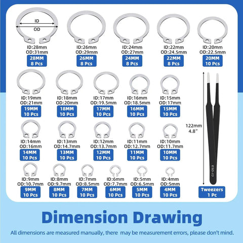Dimension drawing of Over 300 Piece Stainless Steel C Clip And E Clip Retaining Ring Set By Glarks with tweezers and size details.