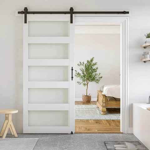 36 x 84 in Glass Barn Door with 6.6FT Sliding Hardware Kit & Handle, Pre-Drilled Ready to Assemble, showing in modern interior