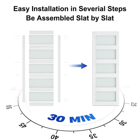 Illustration showing easy assembly of 36 x 84 in Glass Barn Door with 6.6FT Sliding Hardware Kit, highlighting quick 30-minute setup.