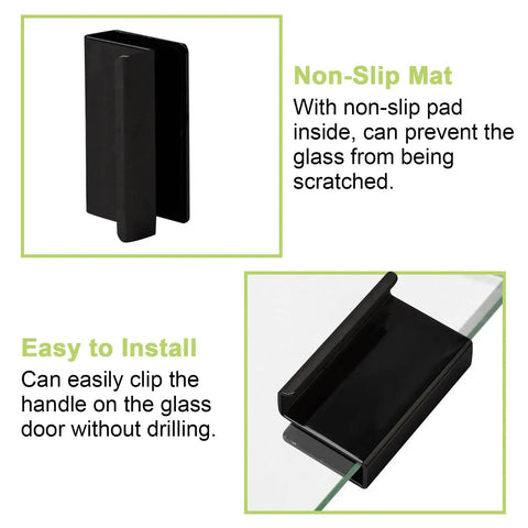 Glass Finger Edge Pull Set black non-magnetic handle clips, 5-6mm thick glass cabinets, easy no-drill installation, display cabinet doors.